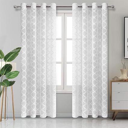 Dwcn Moroccan Tile White Sheer Faux Linen Curtains Voile Burnout
