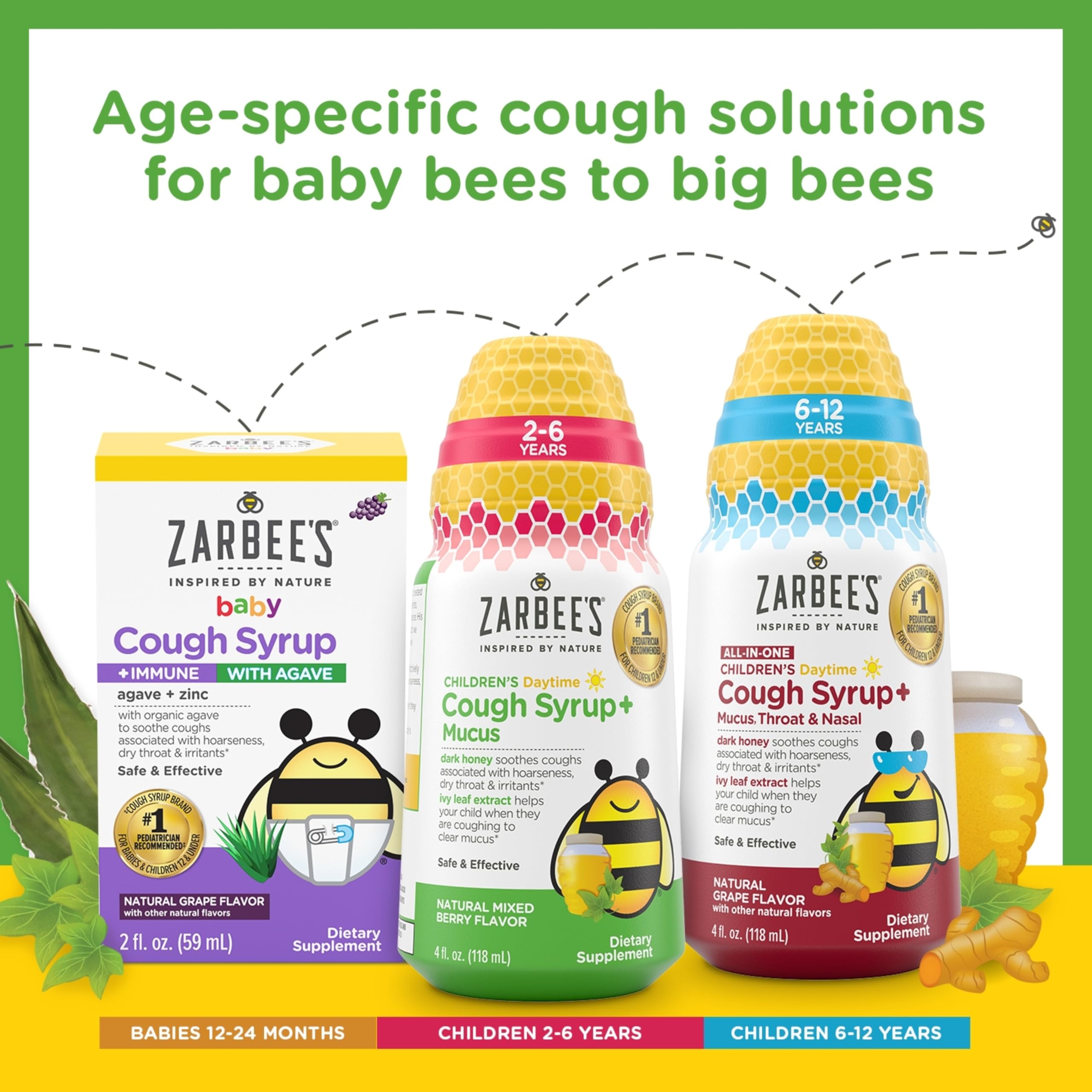 Zarbee's Children's Honey Cough Syrup + Mucus Daytime for Kids 2+ + Dark Honey, Ivy Leaf, Zinc & Elderberry, #1 Pediatrician Recommended, Drug & Alcohol-Free, Mixed Berry Flavor, 4 fl. oz