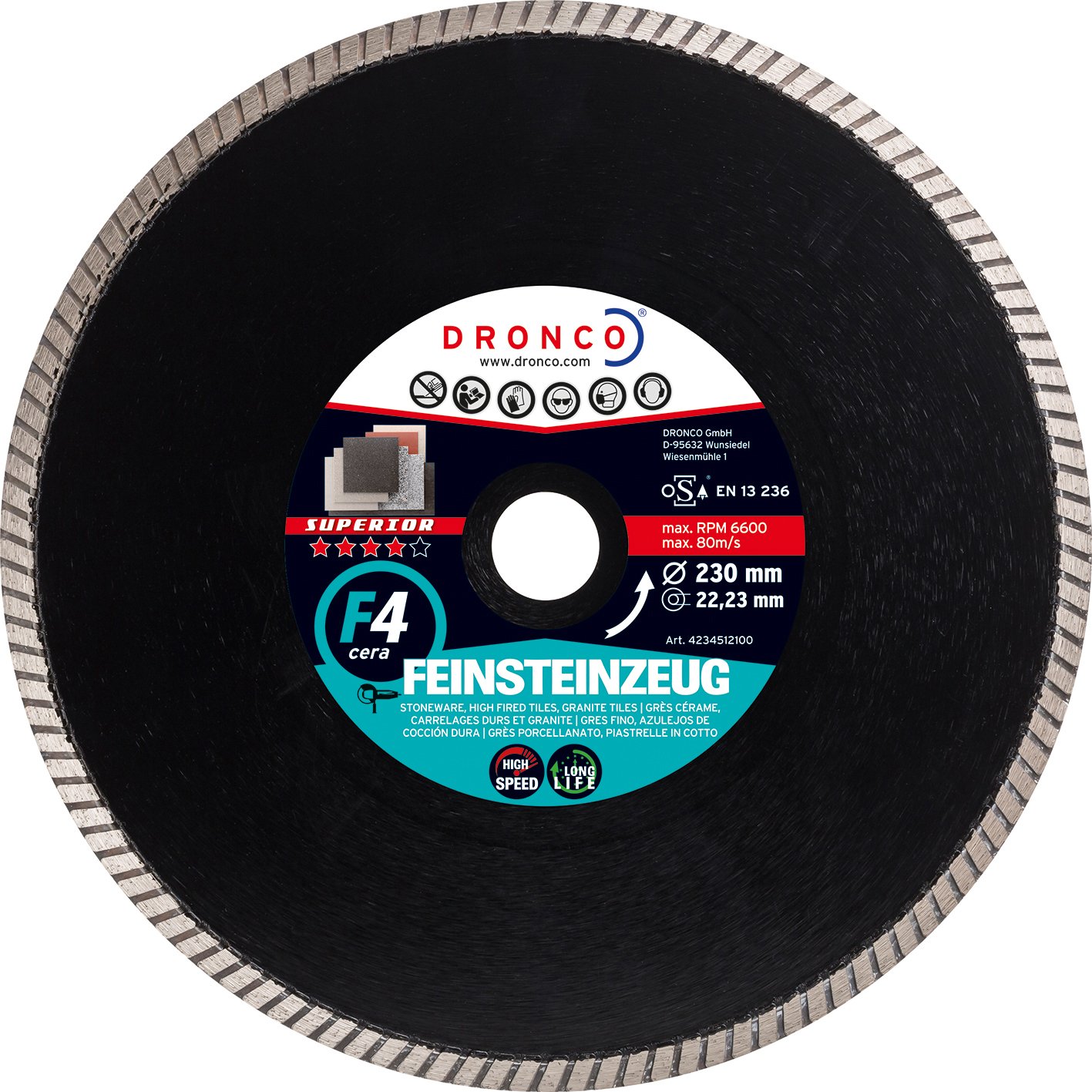 DRONCO F4CERA-230 - Disco de Diamante Superior F4 Cera - Gres (Antes GRFX) Ø 230 mm