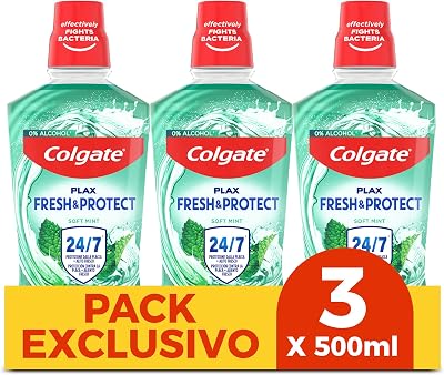 - Colutorio Plax Multiprotección Pack 3 x 500 ml - Enjuague Bucal con Flúor - Elimina la Placa Bacteriana y Proporciona una Protección 24h - Aliento Fresco