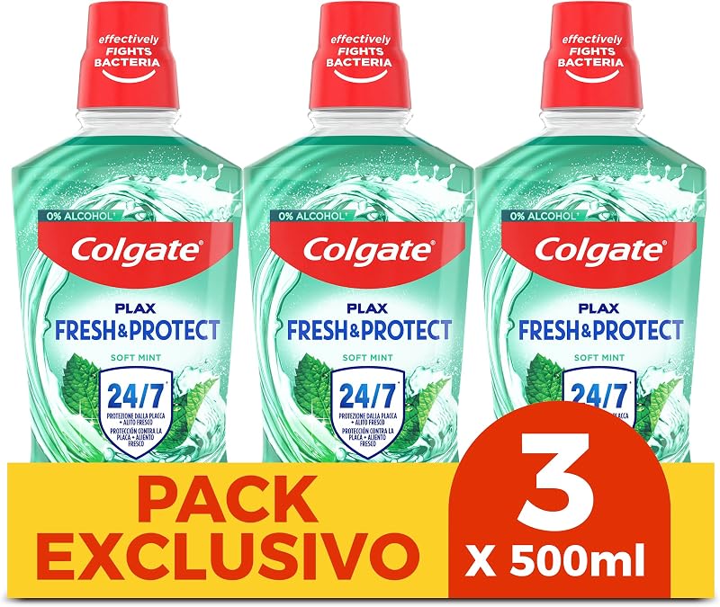 - Colutorio Plax Multiprotección Pack 3 x 500 ml - Enjuague Bucal con Flúor - Elimina la Placa Bacteriana y Proporciona una Protección 24h - Aliento Fresco