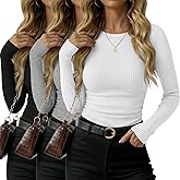 Oakgarden 3 Pack Women's Ribbed Long Sleeve Shirts Cotton Crew Neck Ribbed Tops Ruched Slim Fit Undershirts Casual Basic Tee