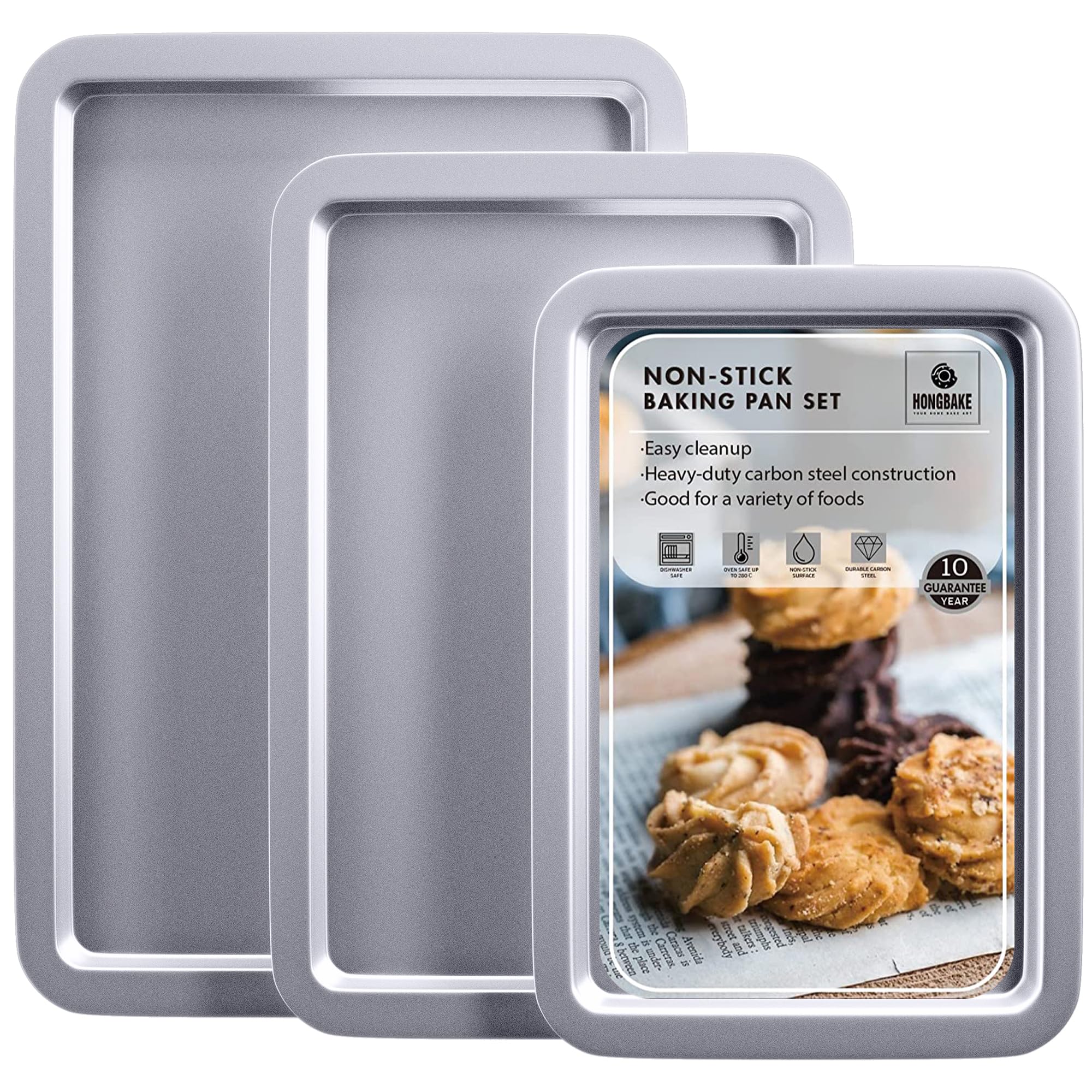 HONGBAKE Cookie Sheet, Baking Sheet Set, Nonstick Oven Pan with Wider Grips,3 Pack, Avoid Too Much Browning -Noble Silver