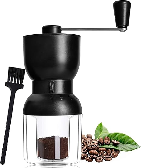 Amazon Meelio手挽き コーヒーミル セラミック スケルトン ステンレスハンドル 二重容器 手動コーヒー豆挽き器 アウトドア 粗さ調節機能 持ち運びやすい 取り外し可能 水洗い可能 お掃除ブラシ付き 家庭用 省力性 透明ブラック 手挽きコーヒーミル オンライン通販