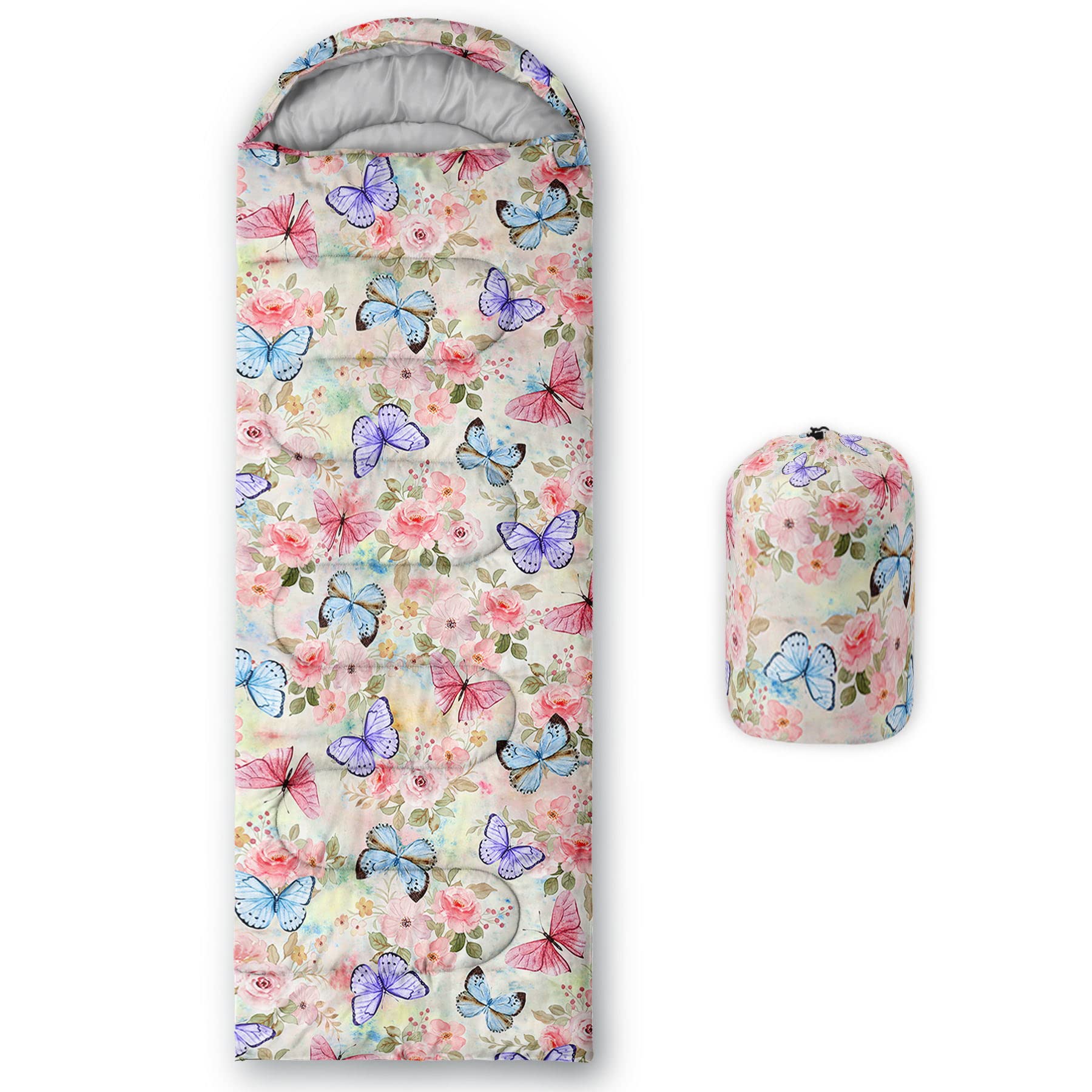 HOSIMA Sleeping Bags for Boys Girls Kids,Butterfly Flowers Printed Lightweight Warm Portable Outdoor Indoor-Waterproof Cold Weather Resistant Sleeping Bag for Camping Hiking(Flowers)