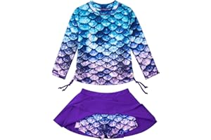 swimsobo Girls Rash Guard Two Pieces Bathing Suit Long Sleeve Swimsuit Swimming Skirt with Shorts Swimwear 3-12T