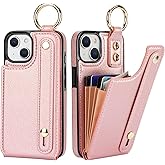 Folosu for iPhone 13/14 Wallet Case with Card Holder, Hand Wrist Strap Loop Holder Kickstand, RFID Blocking Finger Grip Ring PU Leather Double Buttons Shockproof Cover 6.1" Rose Gold