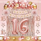 Kuxriox 60Pcs 16th Birthday Decorations Kit for Girls Women, Pink Rose Gold Happy 16th Birthday Banner, Happy Sixteen Bday Foil Fringe Curtains Balloon Arch Hanging Swirl Party Supplies