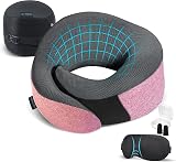 Proglobe Pink Airplane Travel Pillow Set, 100% Pure Memory Foam Neck Pillow, Updated Material, Long Flight Travel Kit with 3D Contoured Eye Masks, Earplugs, and Luxury Bag
