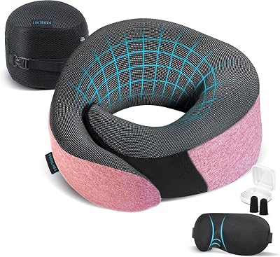 Proglobe Pink Airplane Travel Pillow Set, 100% Pure Memory Foam Neck Pillow, Updated Material, Long Flight Travel Kit with 3D Contoured Eye Masks, Earplugs, and Luxury Bag