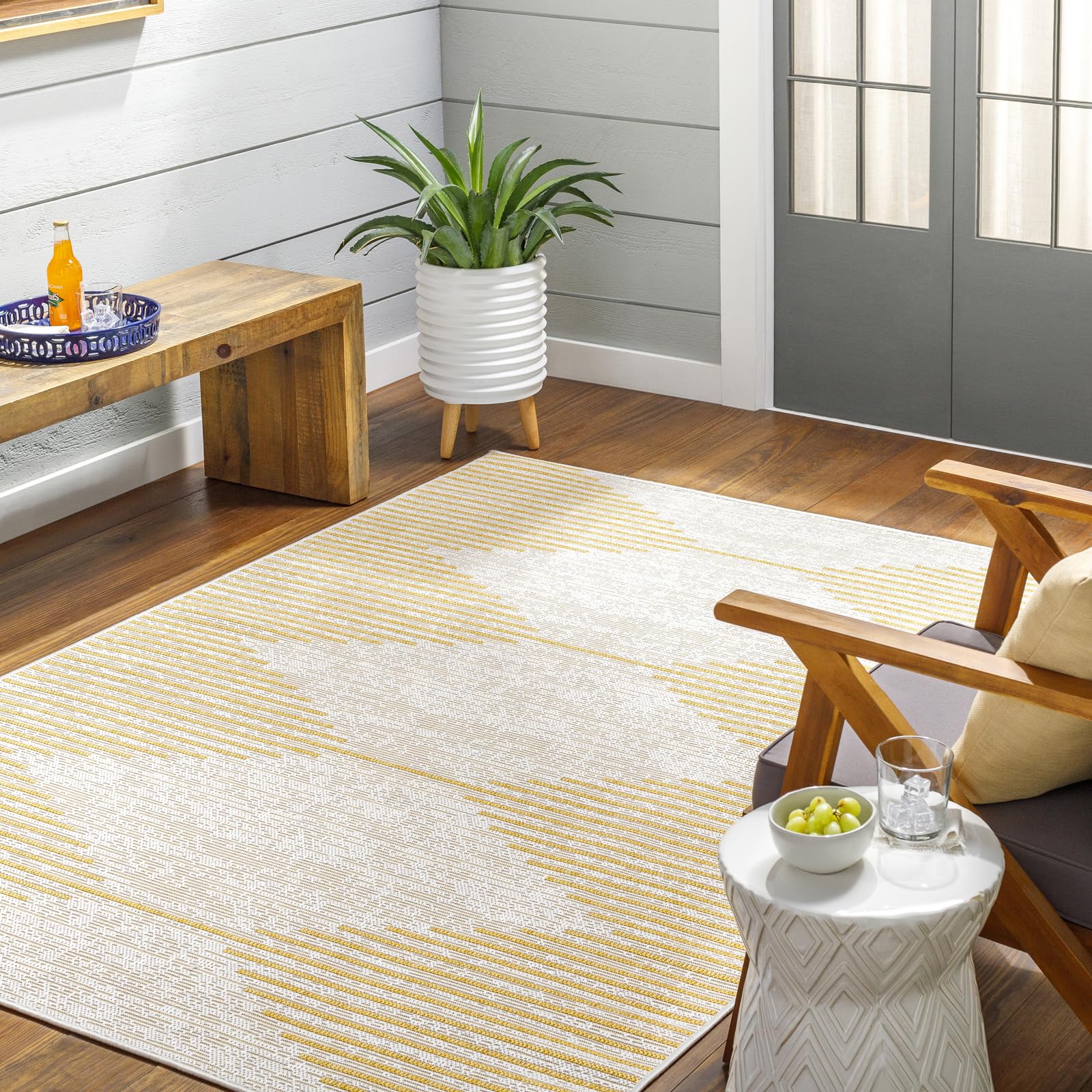 Livabliss Sevilla Indoor Outdoor Rug - Large Boho Rugs for Living Room 130x180 cm Dining, Kitchen Carpet, Patterned Neutral and Coloured Rugs, Waterproof, Stain Durable - Mustard, Ivory