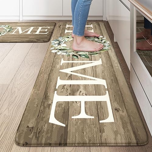 KIMODE Anti Fatigue Mats for Kitchen Floor,Farmhouse Rugs Sets of 2,Cushioned Carpet Non Slip for Laundry,Memory Foam Runner for Sink Office,Khaki 20"x47"+20"x32"