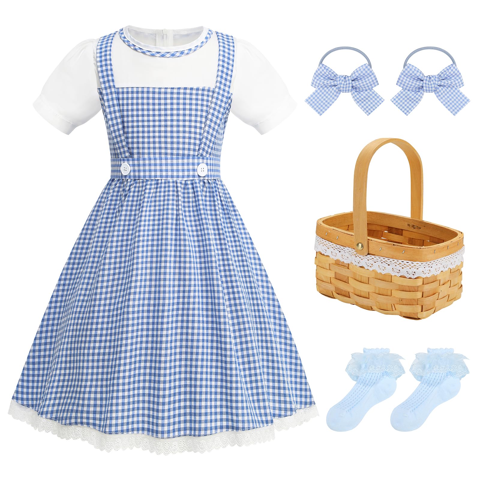 Photo 1 of ADDACOS Girls Blue Plaid Costume Halloween Dress up Outfits with Accessories (Blue, 140 (8-9T))
