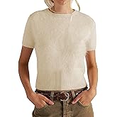 Vimida Women's Fuzzy Short Sleeve Sweater Furry Crew Neck Pullover Tops Casual Work Wear Office Outfits(Cream-S)