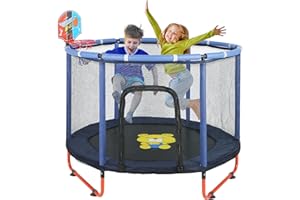 HOEE Trampoline for Kids 60''/48'' Toddler Trampoline, Outdoor Indoor Recreational Trampolines with Enclosure Net, Swing, Adjustable Gymnastics Bars, Basketball Hoop, Dartboard, Gifts for Boys & Girls