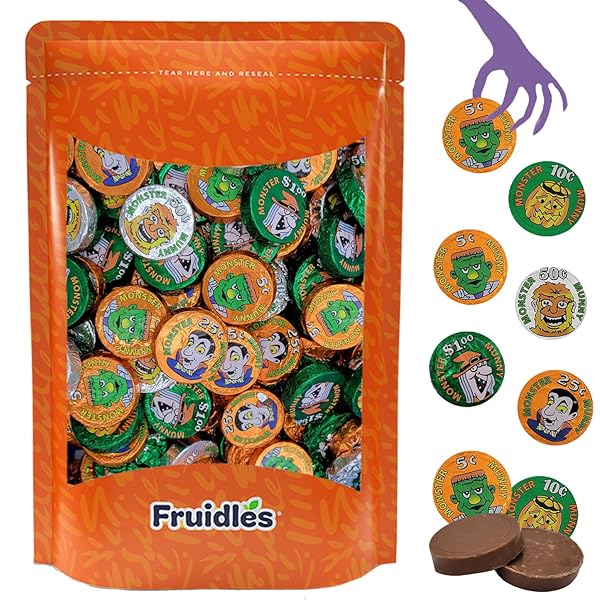 FRUIDLES HALLOWEEN MONSTER MONEY COINS MUNNY, TRICK-OR-TREAT PARTY BAG FILLERS, INDIVIDUALLY WRAPPED IN ORANGE, GREEN, SILVER COIN DESIGN FOILS, KOSHER CERTIFIED DAIRY (2 POUNDS)