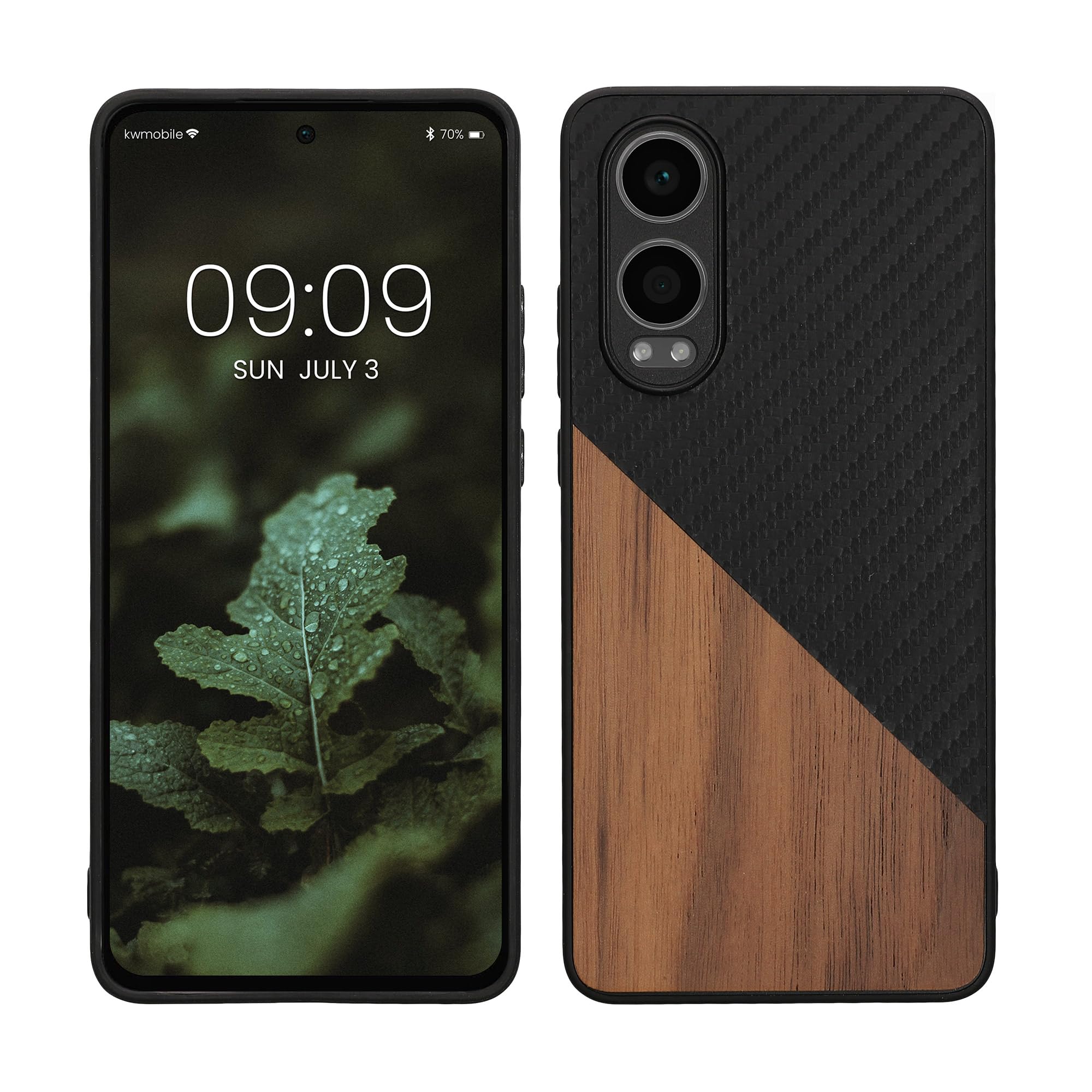 kwmobile Case Compatible with OnePlus Nord CE 4 Lite 5G - Hard Phone Cover with TPU Bumper and Wood/Carbon Back - Dark Brown/Black