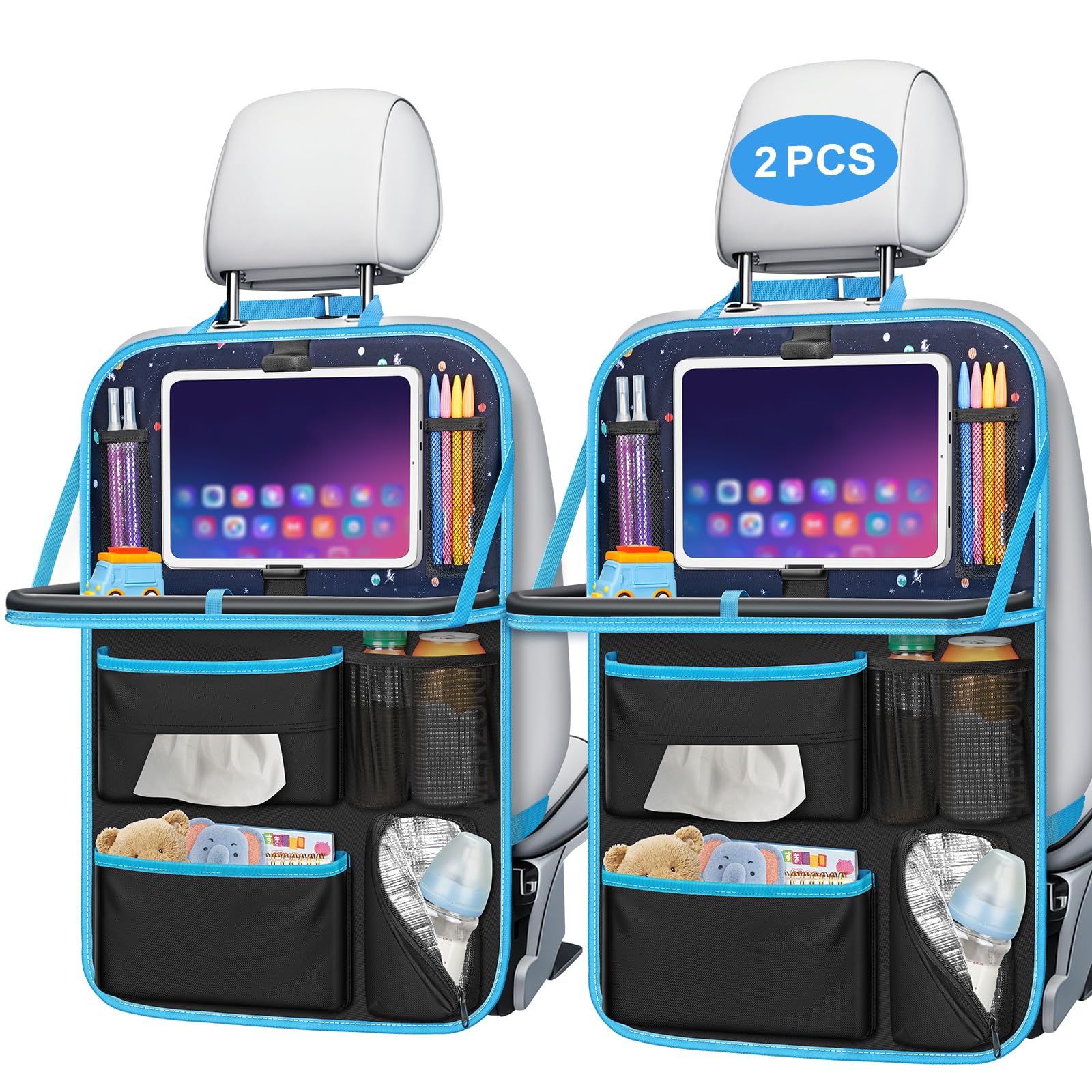 Photo 1 of MENZOKE Backseat Car Organizer with Tray, 7 Storage Pockets Car Seat Organizer with Tablet Holder & Insulated Bottle Pocket, Kids Travel Tray Road Trip Activities Essentials for Kids Travel (2 Pack)