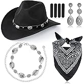 juciasouul Black Cowgirl Hats Western Cowboy Hats for Women with Bandana Bohemian Belly Chain Earrings,Womens Cowboy Hats Sparkly Wide Brim Cowgirl Hat for Women Halloween Cosplay