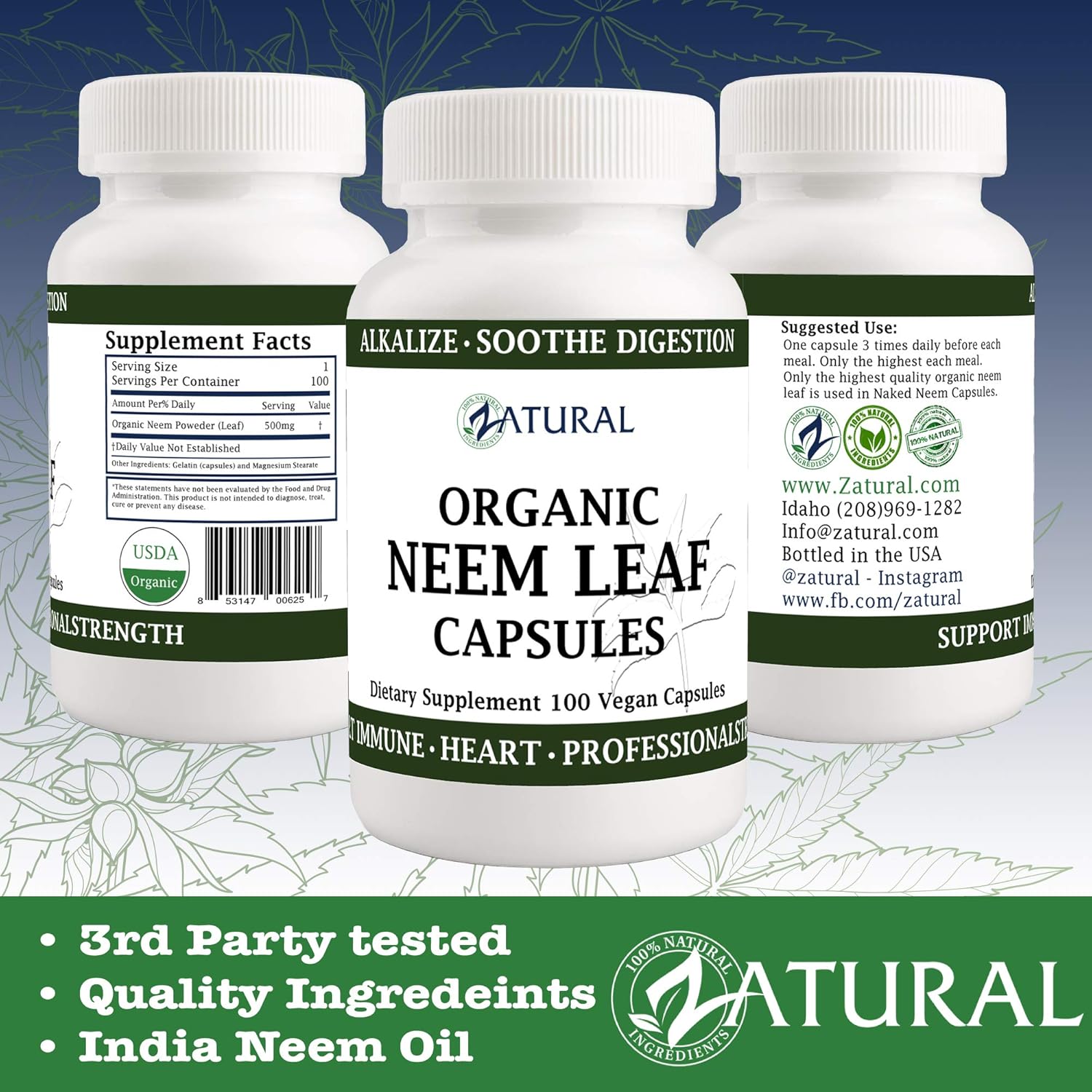 Organic Neem Leaf Capsules USDA Certified Organic (100 Capsules