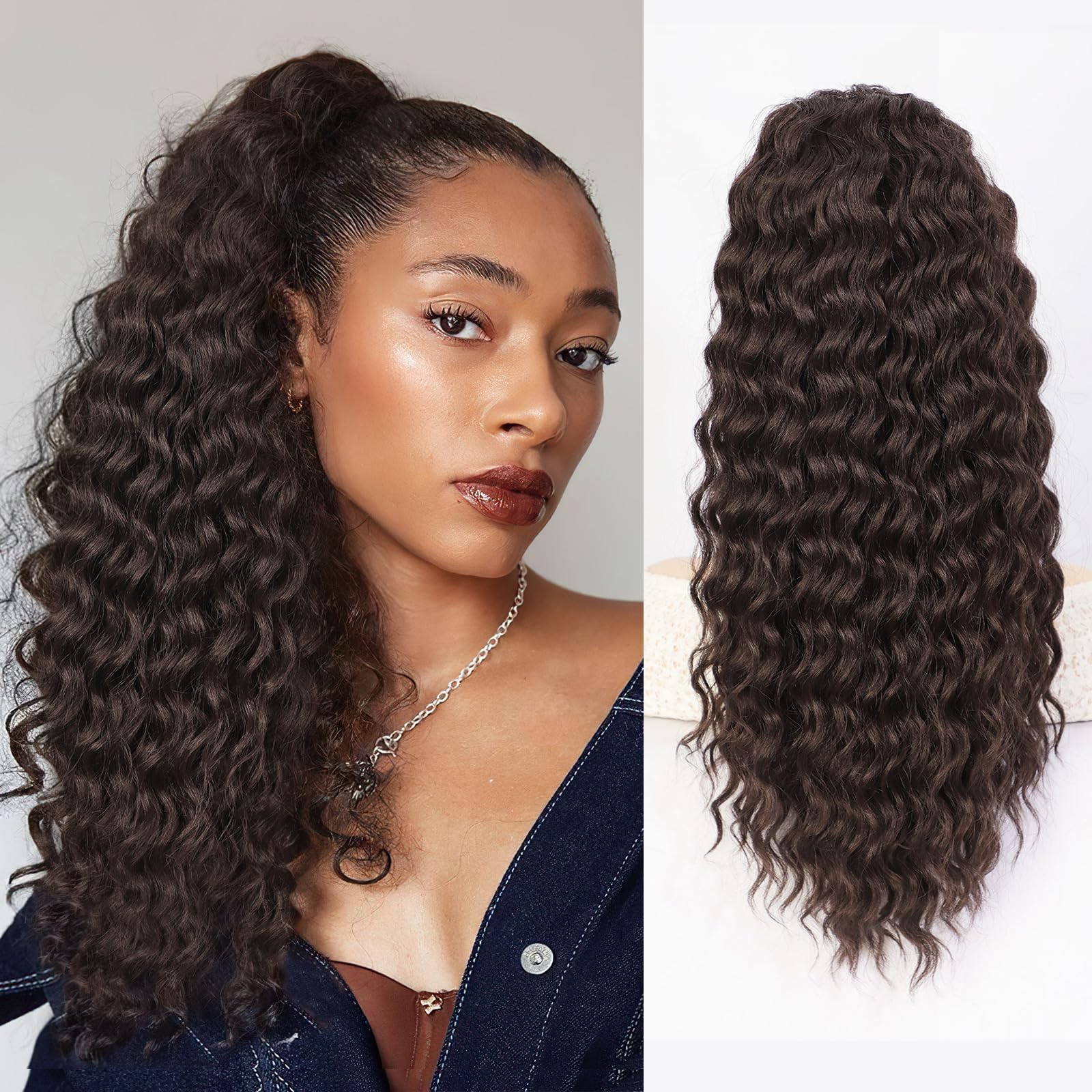 Photo 1 of QGZ Ponytail Extension Drawstring Ponytail for Black Women 22 Inch Synthetic Long Curly Fluffy Pony Tails Hair Extensions for Daily Use(Reddish Brown)