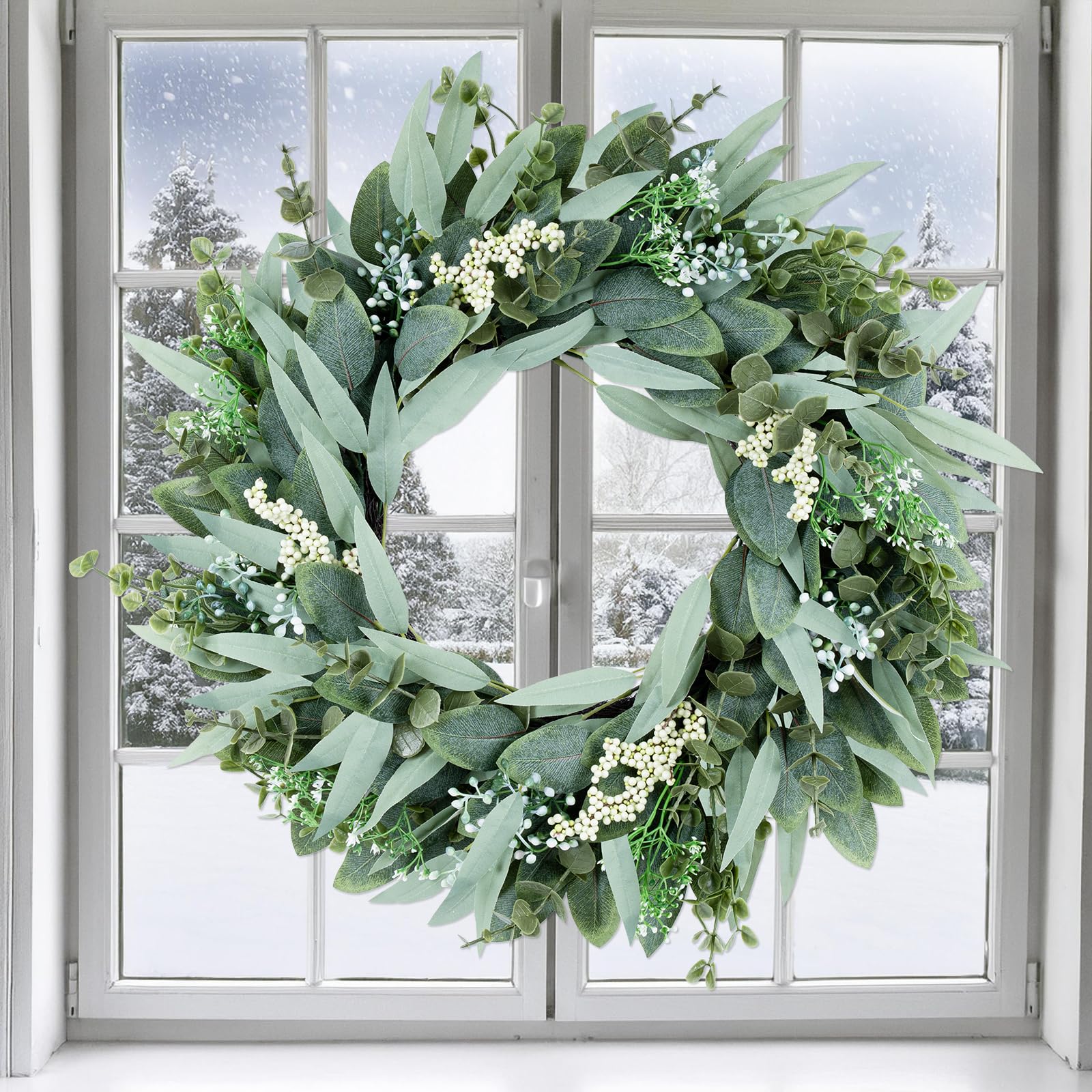 Photo 1 of 26" Eucalyptus Wreaths Large Artificial Greenery Outdoor/Indoor Wreath Spring/Summer/Winter Xmas Wreath Green Wreaths for Front Door Porch Window Wall Hanging Decor All Year Round Wr-eath?Green?