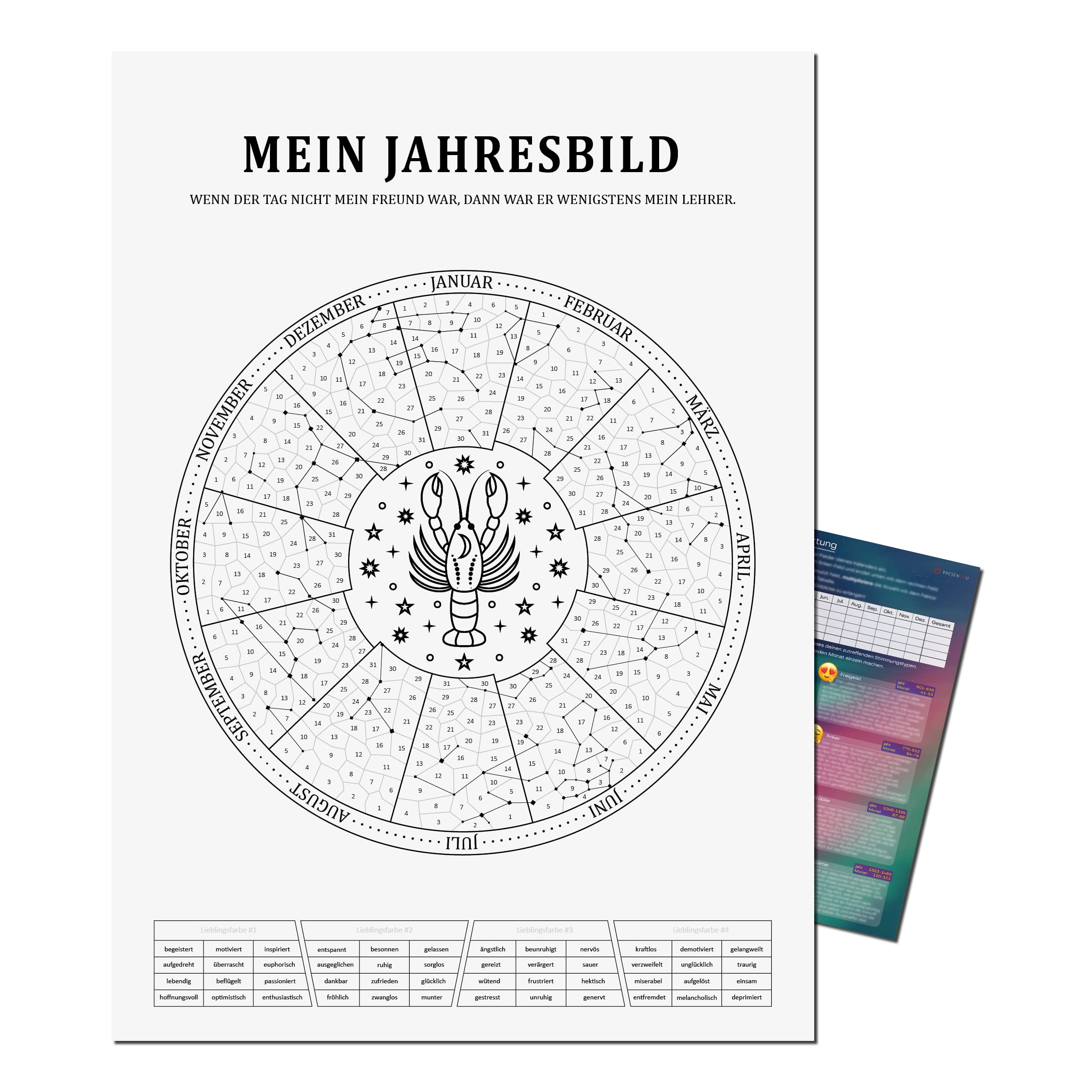 Mein Jahresbild by Presentou | Design your year as an individual picture | Includes psychological evaluation | Zodiac calendar for colouring with daily mood (Cancer A2 (42 x 59.4 cm))