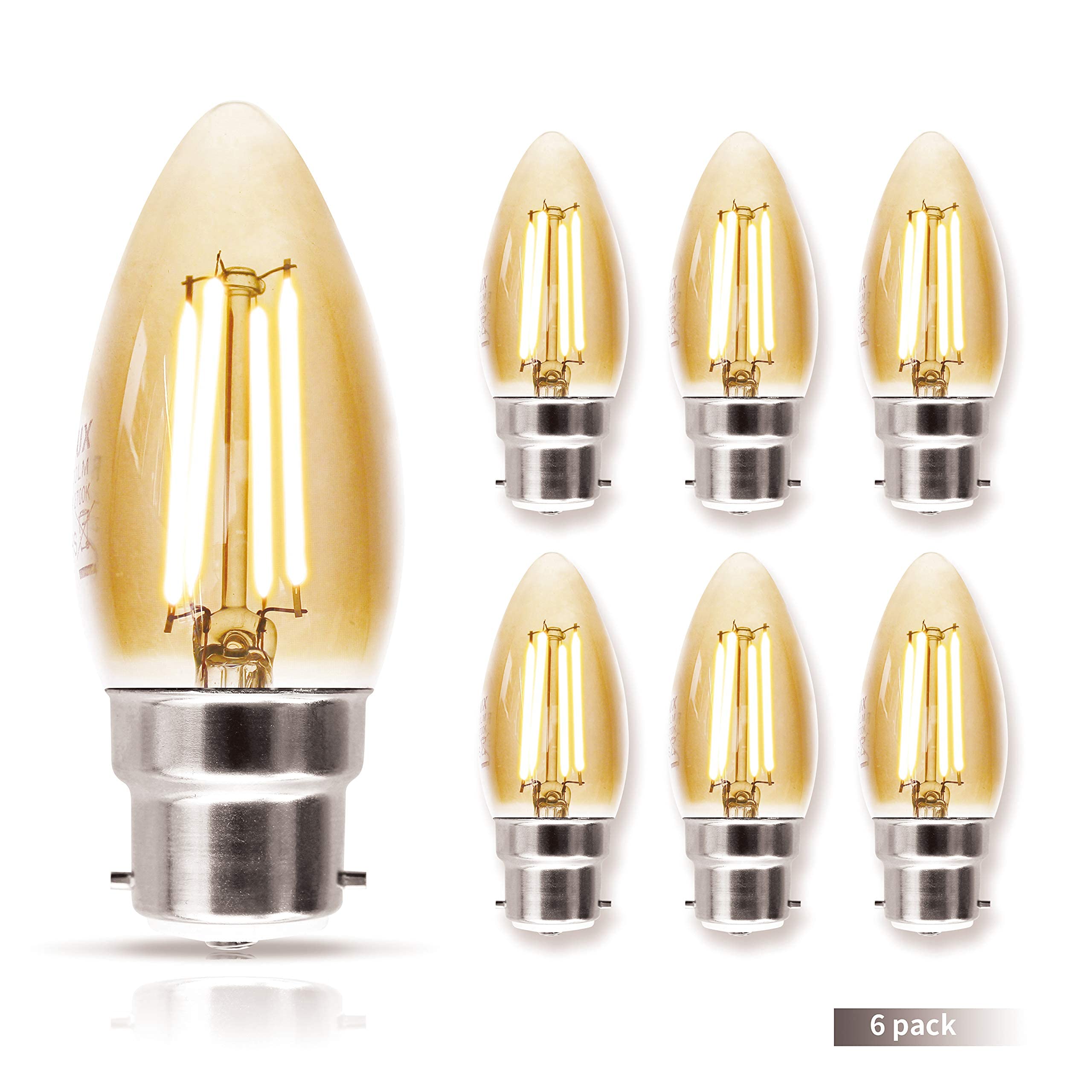 Royalux Dimmable Led Edison Vintage Filament Antique Retro Light Bulb 4W B22 C35 Soft Amber/Golden Small Great Mood Warm Glow(6 Pack) Energy-Saving No Flicker(Free Return for Broken)