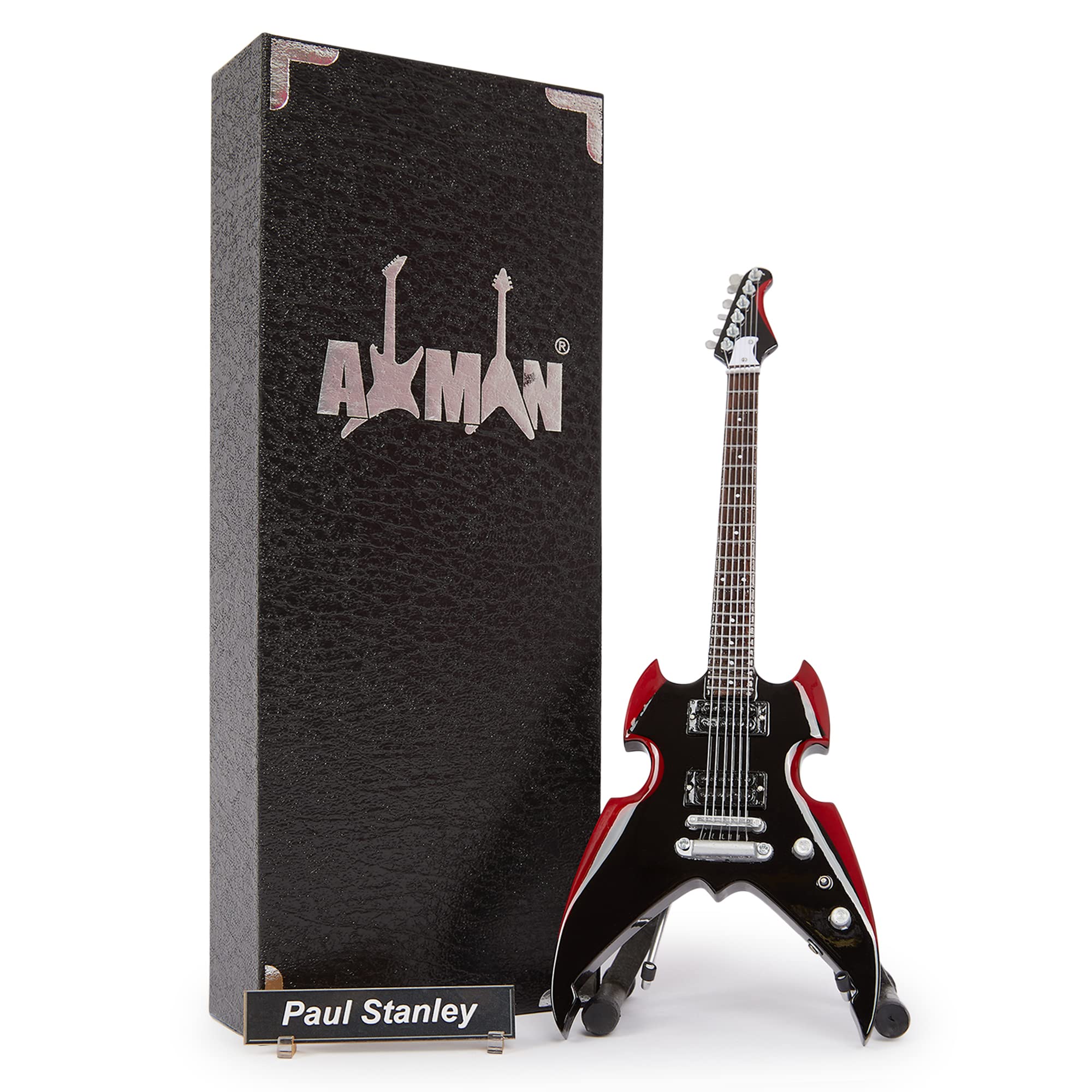 Axman Paul Stanley (Kiss): Silvertone Apocalypse Pro - Miniature Guitar Replica - Music Gifts - Handmade Ornamental 1/4 Scale - Includes a Display Box, Name Tag and Miniature Guitar Stand