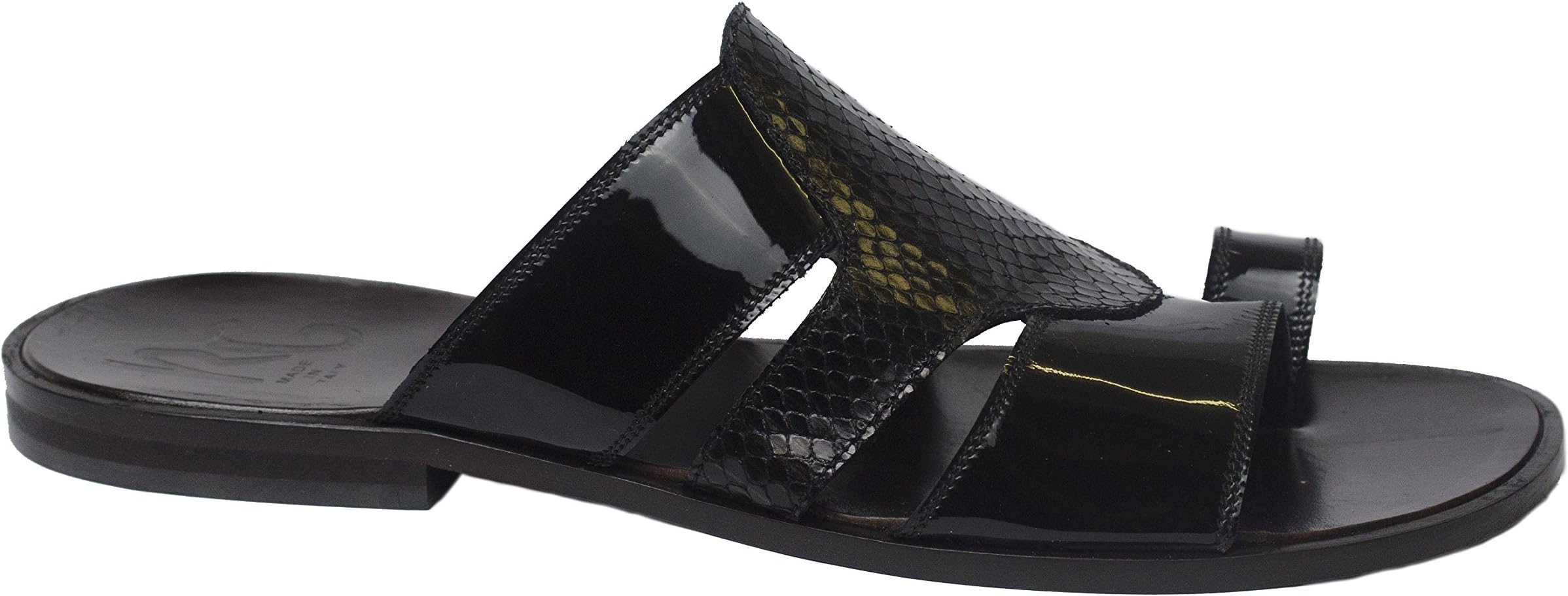 Roberto Guerrini S2003 Italian Mens Black Leather Snake Print Push in Toe Sandals