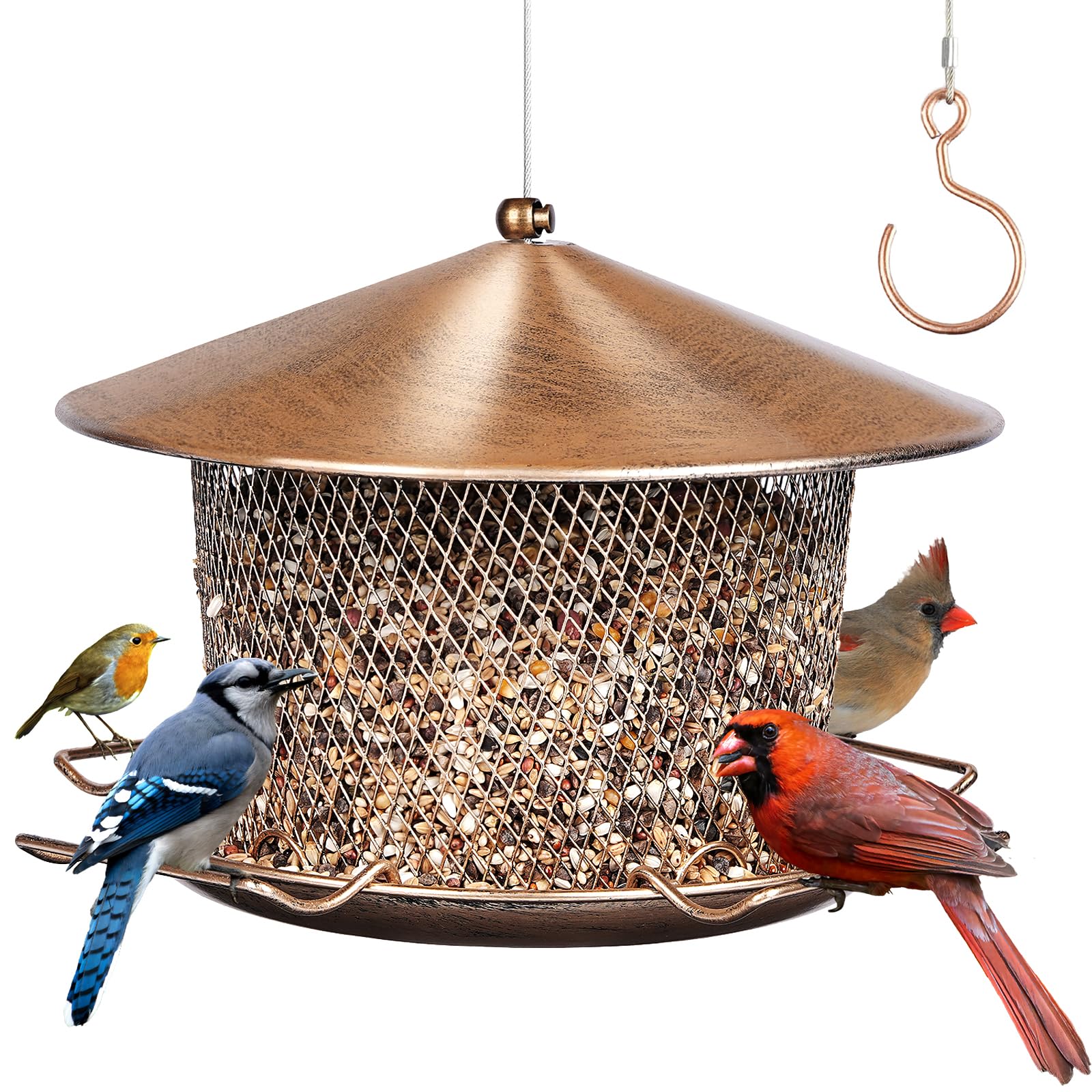 Photo 1 of Samhe Bird Feeder for Outdoor, Weatherproof Rainproof All Metal Hanging Wild Bird Feeder with 9.8" Roof, 4.5 LBs Seeds Capacity, Easy to Clean & Refill