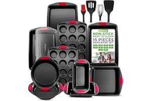 NutriChef 15-Piece Baking Pan Set - Flexible Nonstick Coating Carbon Steel Bakeware - Professional Home Kitchen Bakeware with Stackable Cookie Sheet Trays and Red Silicone Handles (Black)