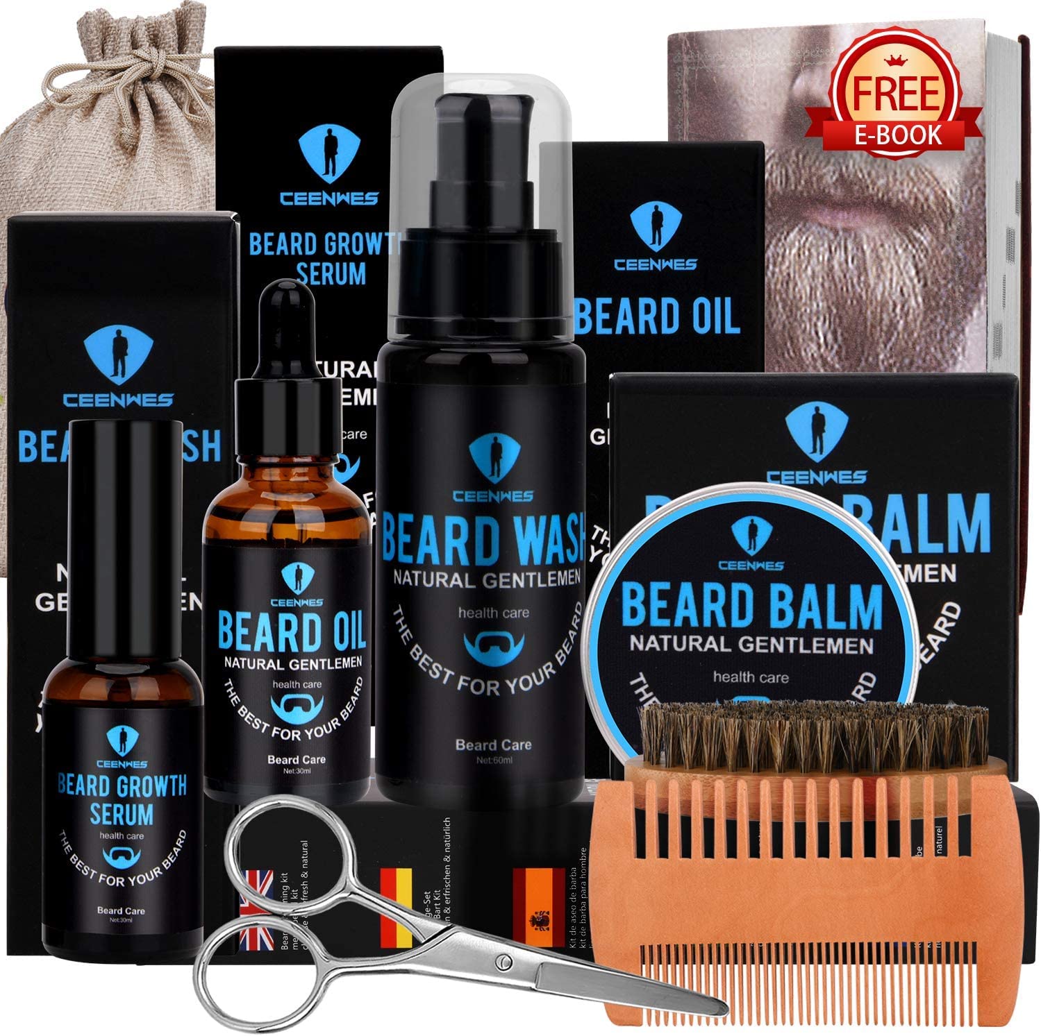 Beard Grooming Kit,Beard Kit with Beard Oil,Beard Growth Serum,Beard Wash, Beard Balm,Beard Brush, Beard Comb, Beard & Mustache Scissors Beard Growth