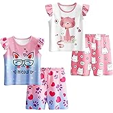 LQSZ Girls Pajamas Set Kids 4 Piece Summer Flutter Sleepwear Toddler Short Sleeves PJs Pajama for 3-10 Years