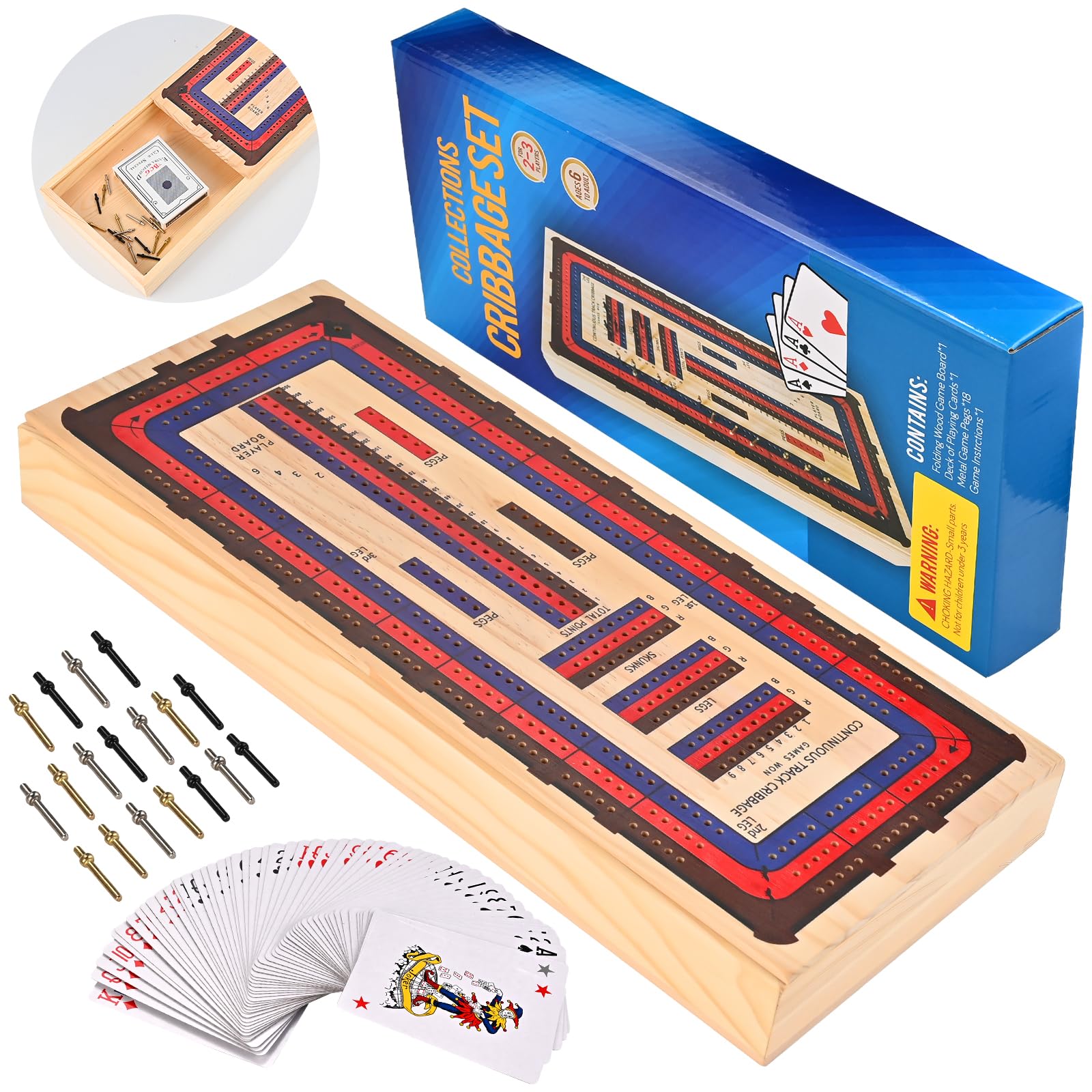 Photo 1 of Wooderma Cribbage Board Game Set, 3 Tracks Wooden Cribbage Board with Larger Storage Area, 1 Playing Card and 18 Metal Pegs, Travel Cribbage Board for Kids Adults Family Games
