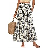 Bsubseach Womens Boho Floral Print Maxi Skirts Elastic High Waist Flowy A Line Long Midi Skirt with Pockets