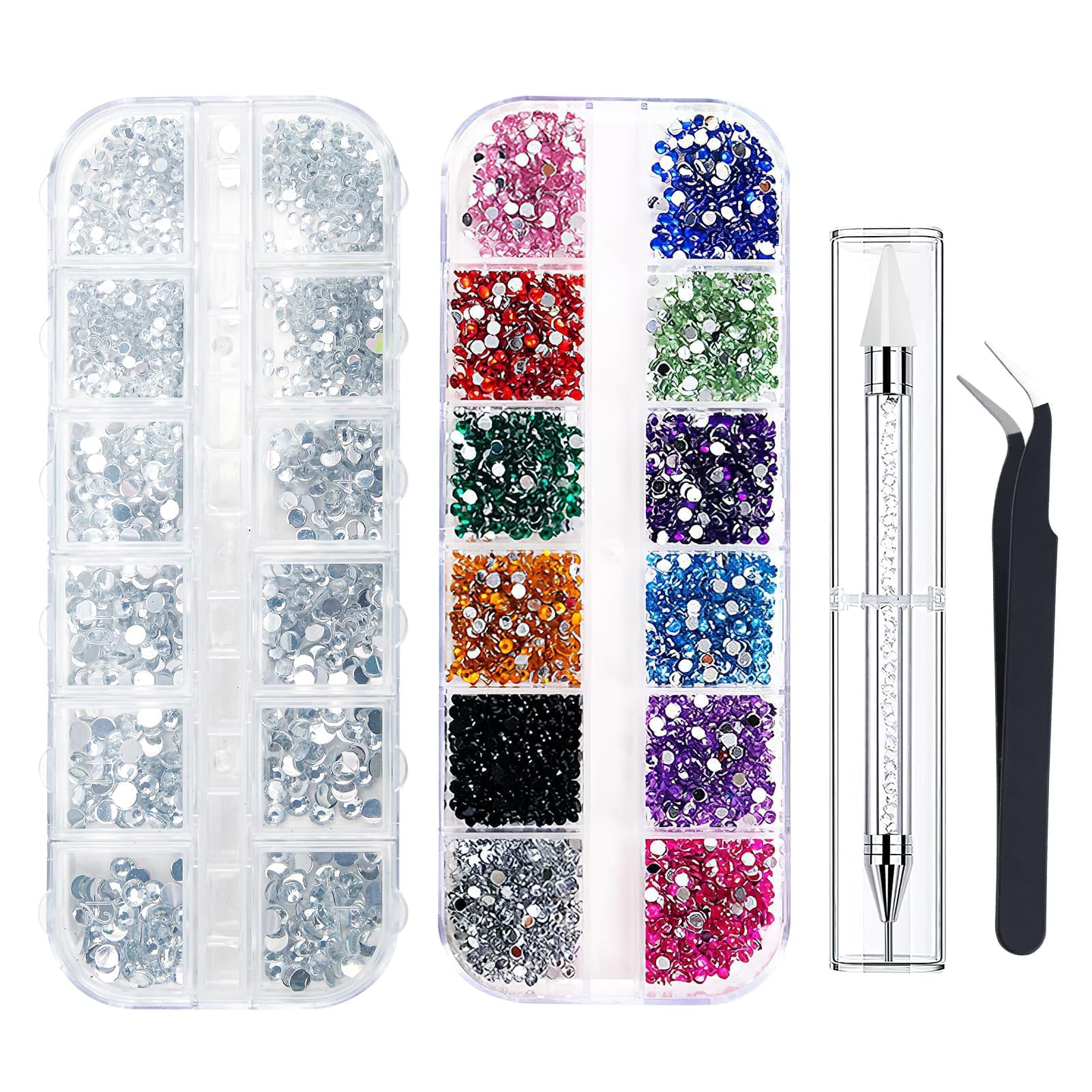 2800 PCS Rhinestones, Nail Gems Flat Back Gems AB Crystal Nail Art Rhinestones Diamante Gems with Pick Up Tweezer and Rhinestone Picker Dotting Pen for Nails Art Face Craft Clothes (3 Sizes)