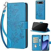 Designed for iPhone Air Case Wallet,Women Flip Folio Cover with Embossed PU Leather Stand Credit Card Holders Slots Wrist Strap Phone Case for iPhone Air 6.5 inch (Blue Butterfly)