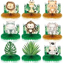 Lot De 7 Centres De Table Nid D'Abeille Animaux Jungle - Décorations Fête Safari Vert Pour Anniversaire