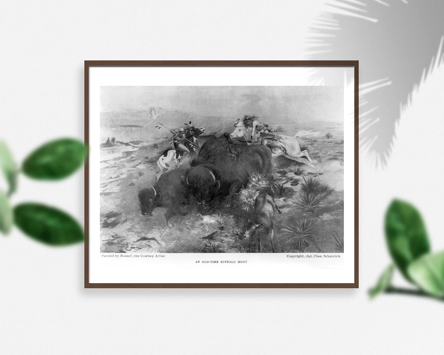 Photographs - 1898 Photo An old-time buffalo hunt 2 Indians on horseback bow and arrows and spear killing buffalo.