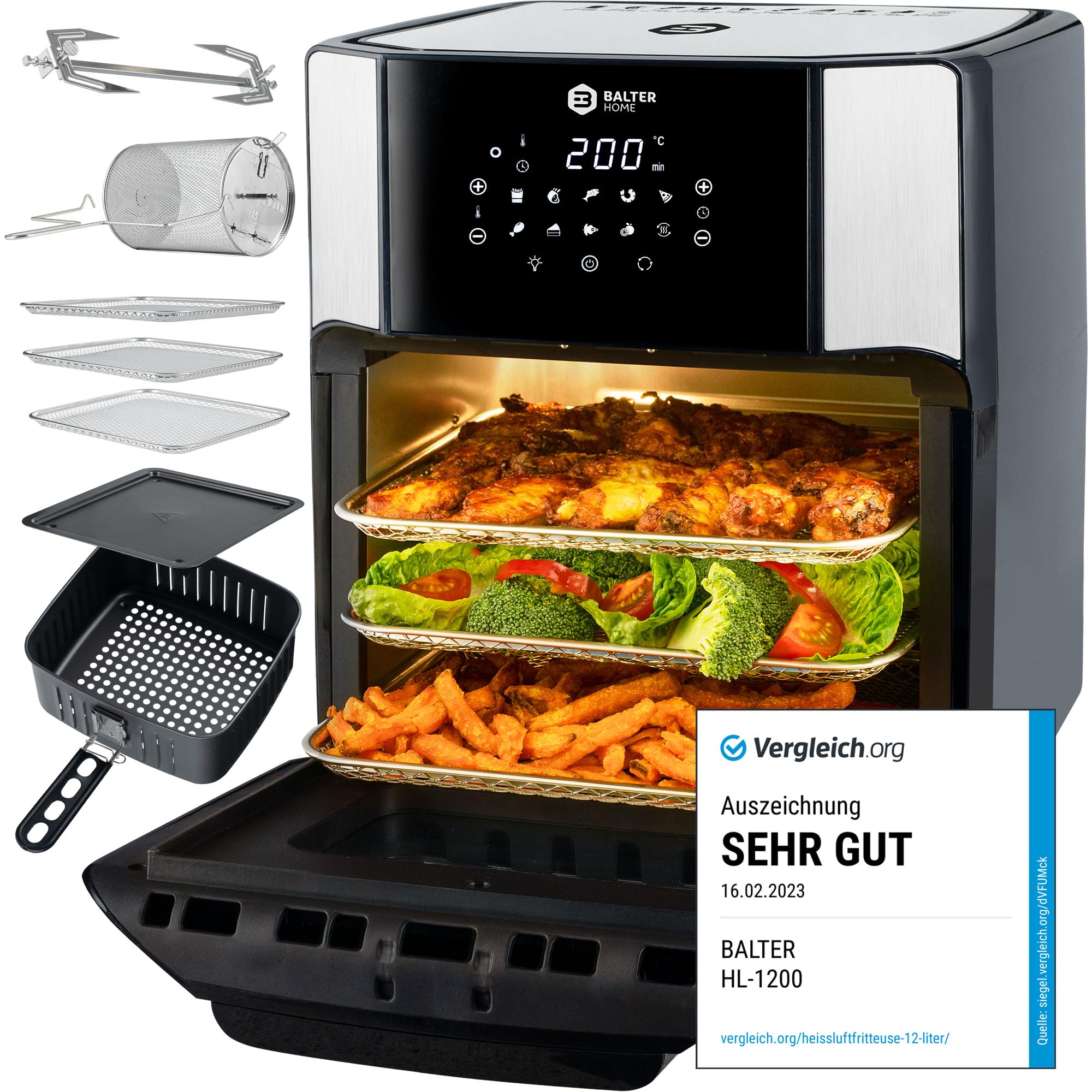 Balter Heißluftfritteuse Airfryer, 12 Liter XXL, Mini Backofen, Dörrautomat, Friteuse Heissluftfritteuse, 10 Programme, all-in-1 Air Fryer, Rezeptbuch, HL-1200