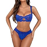 Donnalla Sexy Lingerie for Women 2 Piece Lace Bra and Panty Sets Ruffle Push Up Bralette Mesh Sheer Underwire Outfits