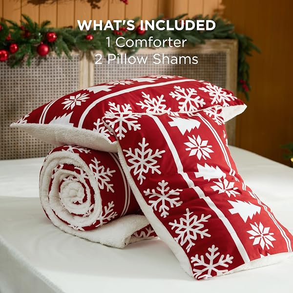 BEDSURE FLUFFY CHRISTMAS COMFORTER SET QUEEN – CHRISTMAS REVERSIBLE SHERPA FLEECE BEDDING, RED WARM BED SETS FOR WINTER, 3 PIECES, 1 SOFT PLUSH SHAGGY COMFORTER WITH 2 PILLOWCASES