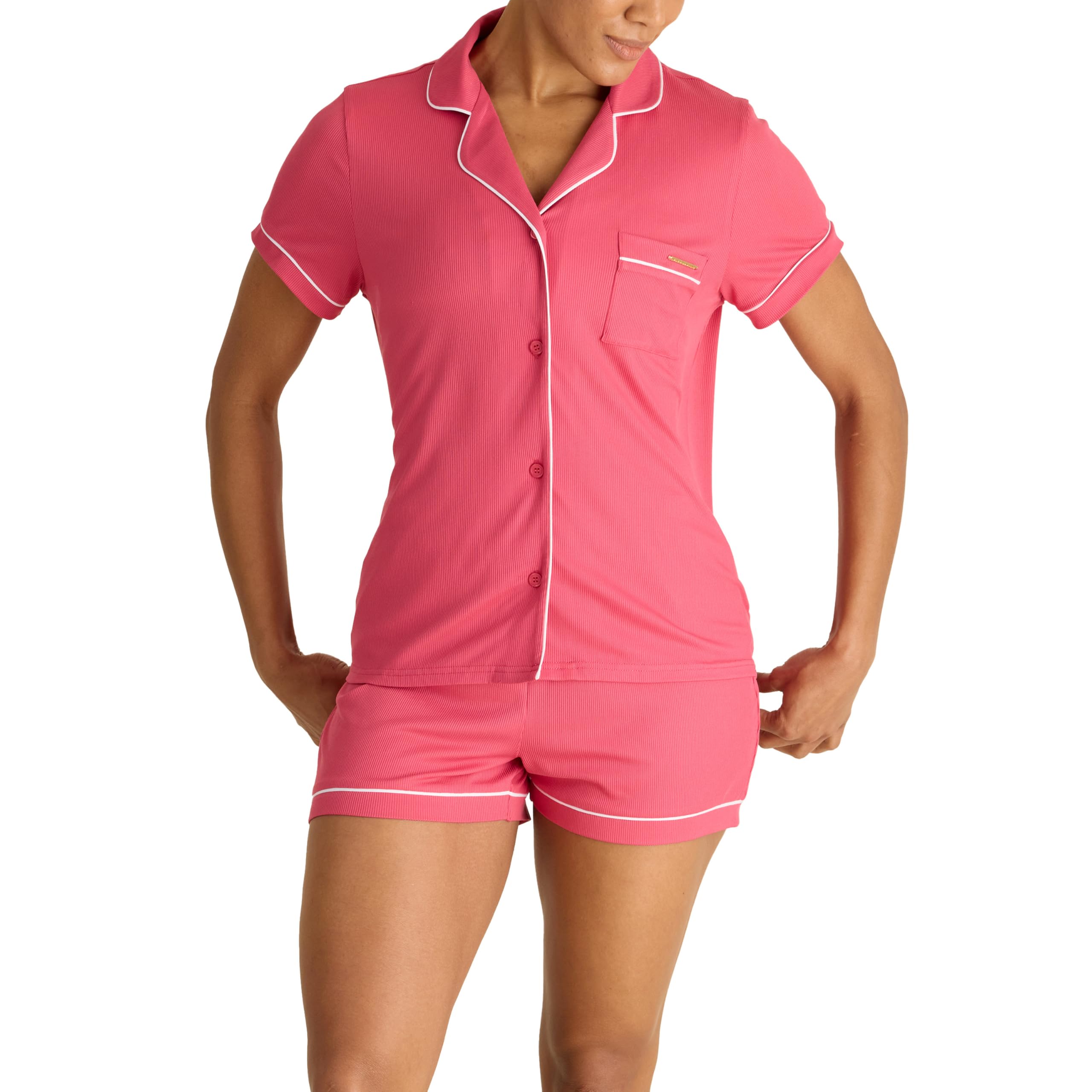 BCBGMAXAZRIA Women’s Ribbed Pajama Set Sleeve Notch Collar with Shorts, Carmine Pink