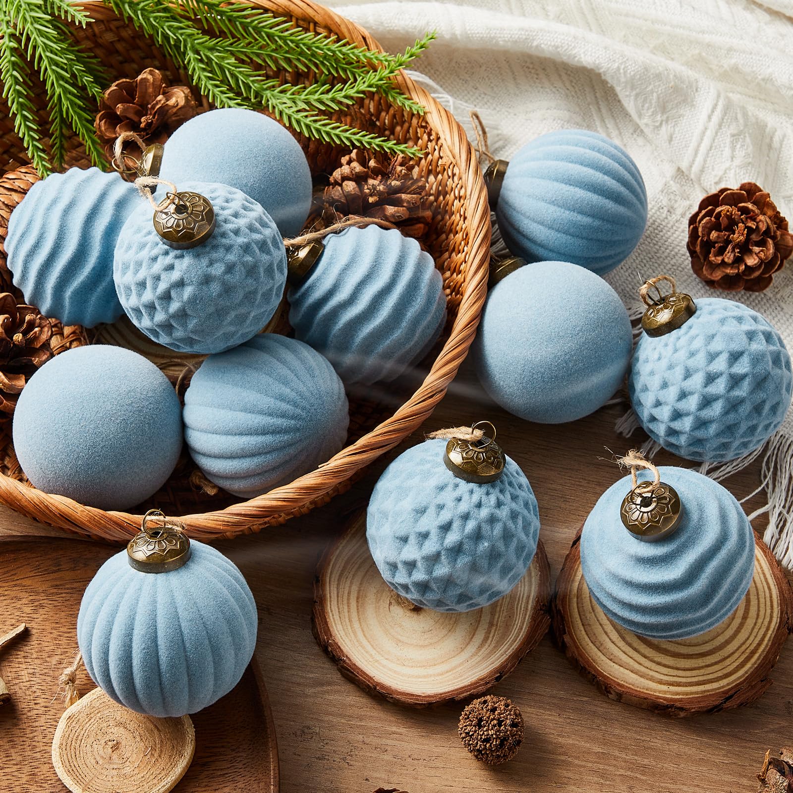Photo 1 of 12 Pcs Light Scented Velvet Christmas Balls Bulk Winter Fir Scent Flocked Christmas Tree Ball Ornaments Hanging Baubles for Xmas Holiday Home Gift Yard Decor (Dusty Blue 2.36 Inch)