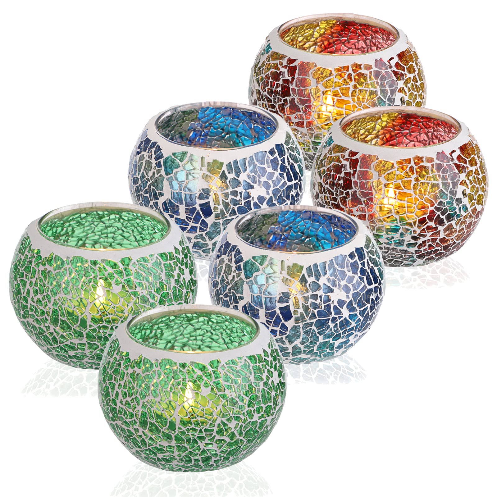 BSTKEY Set of 6 Mosaic Glass Tea Light Candle Holders, Decorative Votive Candle Stand, Round Candle Holder Centerpieces for Table, Wedding, Party, Home Decor (Multicolor + Blue + Green)