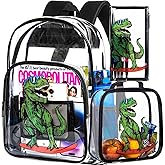 AGSDON 3PCS Clear Backpack for Boys, Kids Dinosaur Transparent Bookbag Heavy Duty, Cute See Through Backpacks with Lunch Bag - Blue