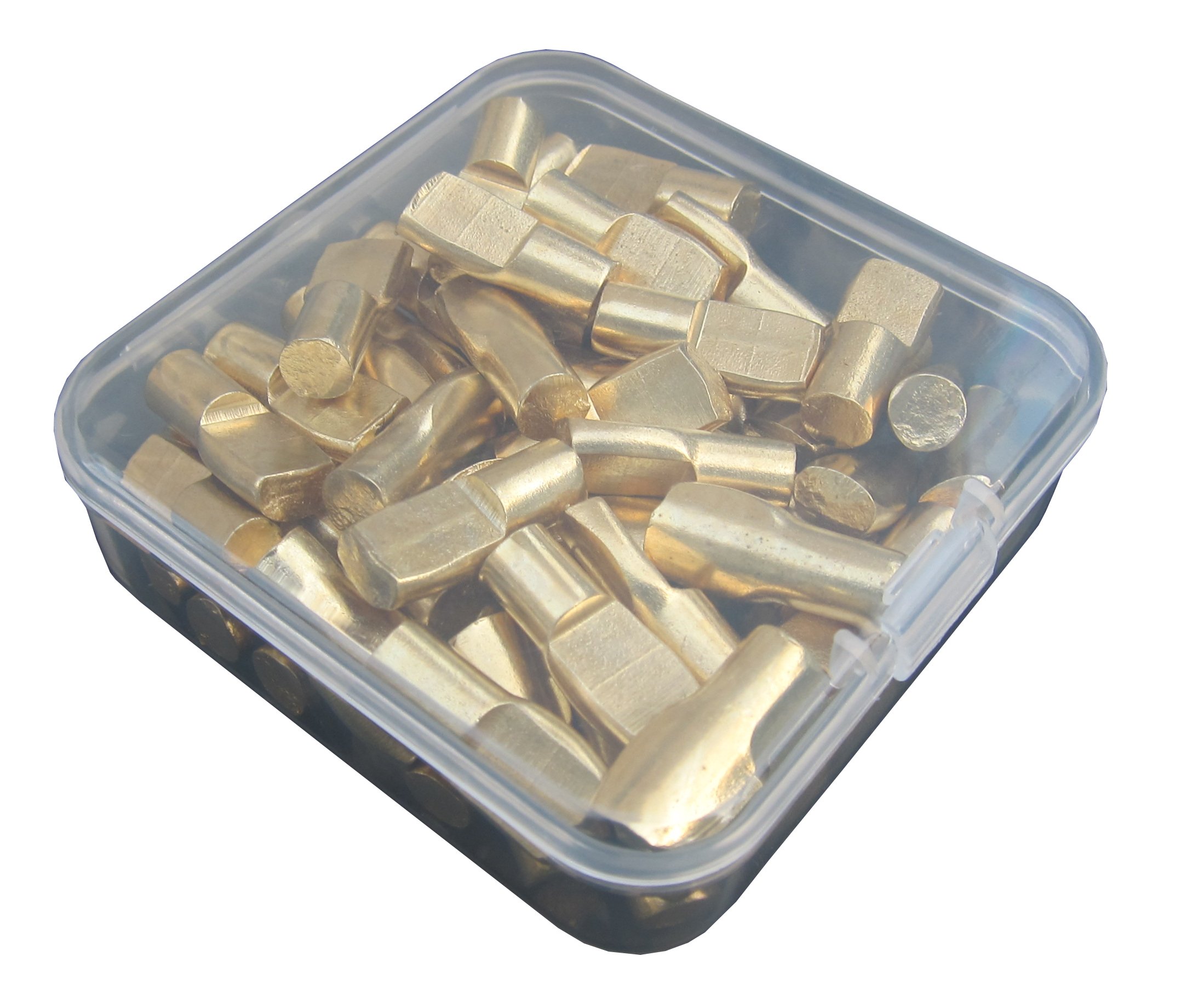 1/4-Inch Spoon Shape Shelf Rests 60Piece Set, Furniture Cabinet Closet Shelf Pegs, in Storage Box, 60-Pack (Brass)