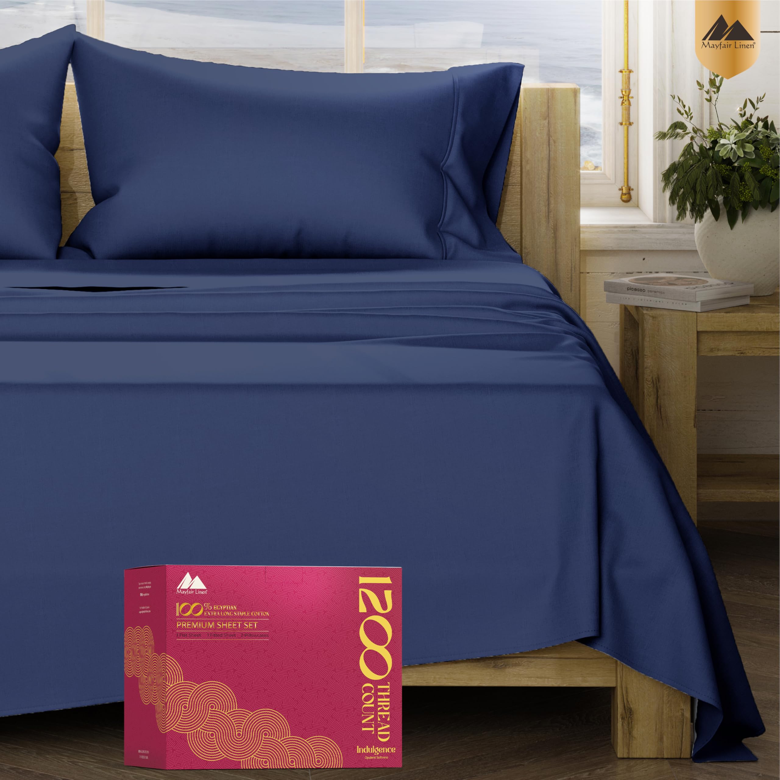 Photo 1 of Mayfair Linen 100% Egyptian Cotton Sheets Full Size - 1200 Thread Count 4 PC Full Sheet Set Egyptian Cotton, Sateen Weave Luxury Sheets Full, High Thread Count Sheets, 19" Deep Pocket - Navy Blue