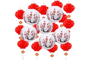 Mudder 20 Pieces Chinese Japanese Paper Lanterns Includes Cherry Flowers Paper Lanterns for Hibachi Birthday Party Asia Home Restaurant Wedding Decor(White and Red,Traditional Style)